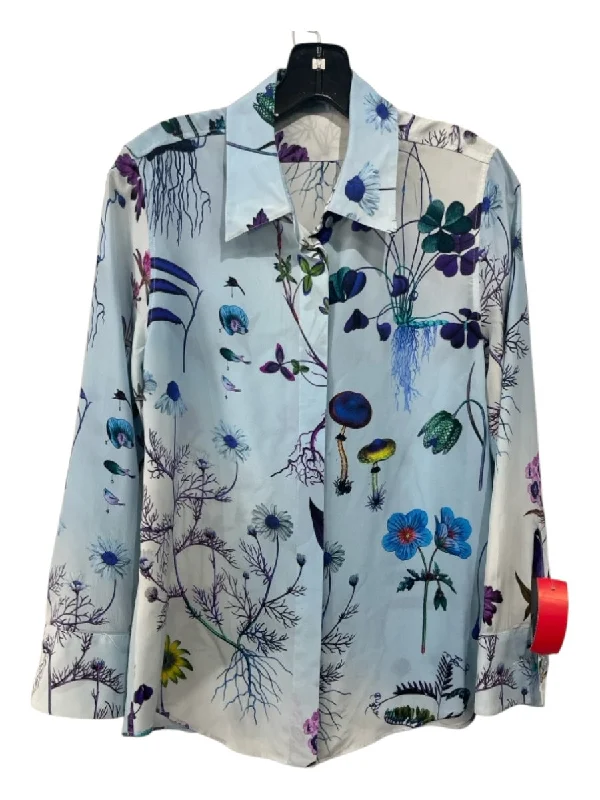 Stella McCartney Size 42 Blue Print Silk Floral Long Sleeve Button Up Collar Top