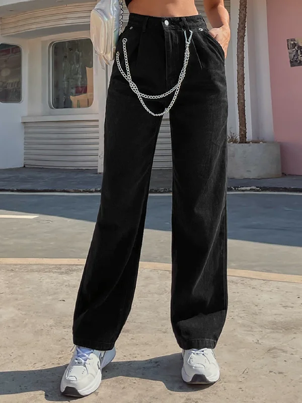 KittenAlarm - High Waist Chain Strap Straight Jeans