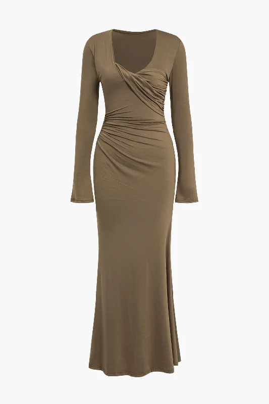 Ruched V-Neck Long Sleeve Maxi Dress