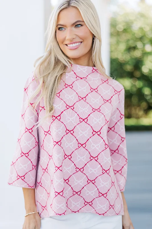 Just A Feeling Pink Bow Print Mock Neck Sweater