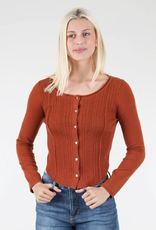 Clara Button Sweater, Dark Rust