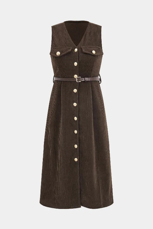 Button V-Neck Belted Long Sleeve Corduroy Maxi Dress