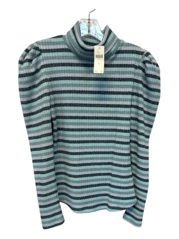 Maeve Size M Aqua & Navy Polyester Blend Turtle Neck Striped Long Sleeve Top