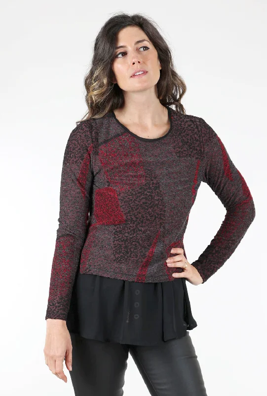 Chiffon-Trim Peplum Sweater, Black/Red