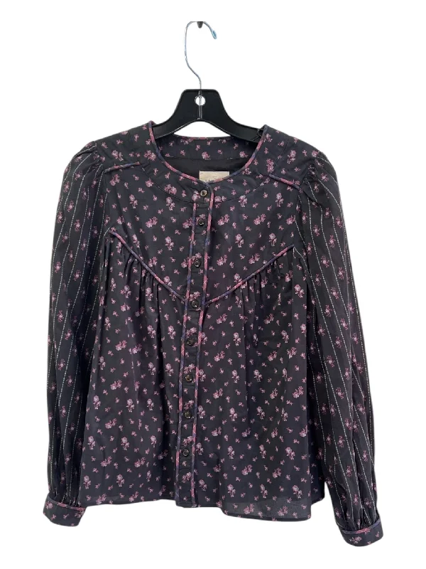 Sezane Size 35 Gray & Purple Cotton Floral Long Sleeve Button Up Seam Detail Top