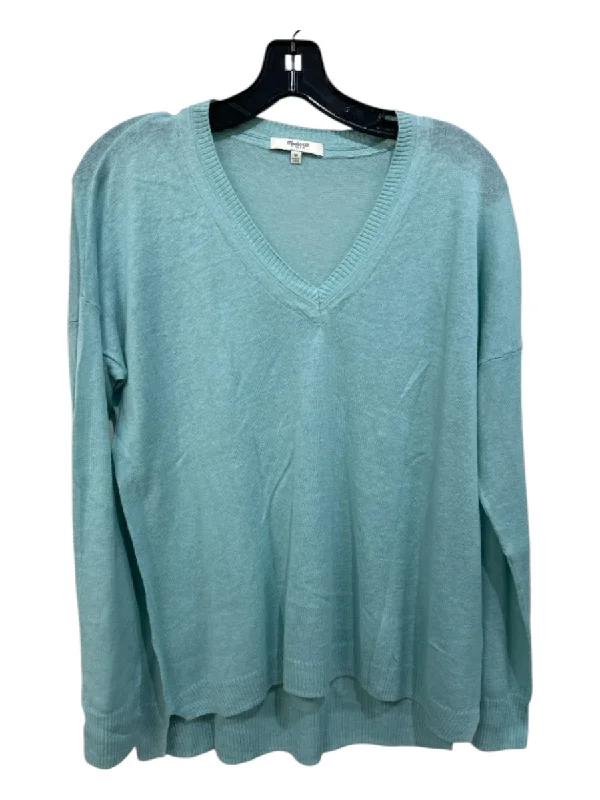 Madewell Size M Teal Blue Linen & Cotton V Neck Long Sleeve Top