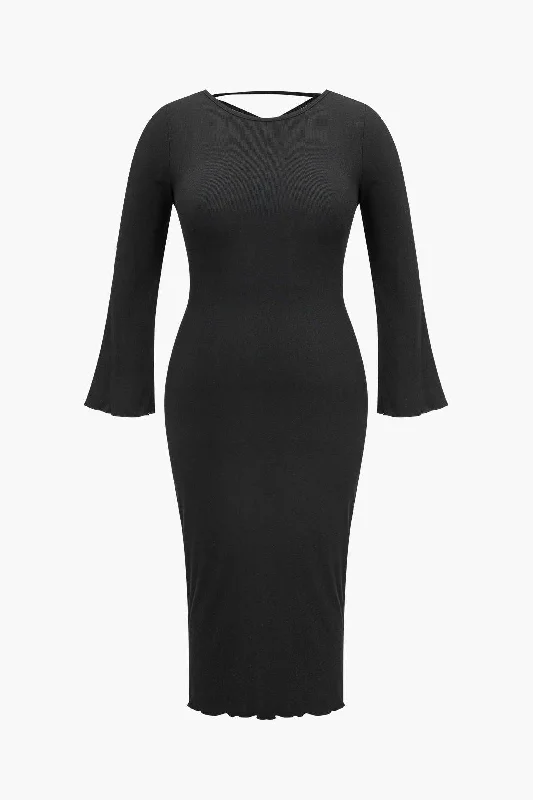 Plus Size Solid Knit Backless Tie Back Midi Dress