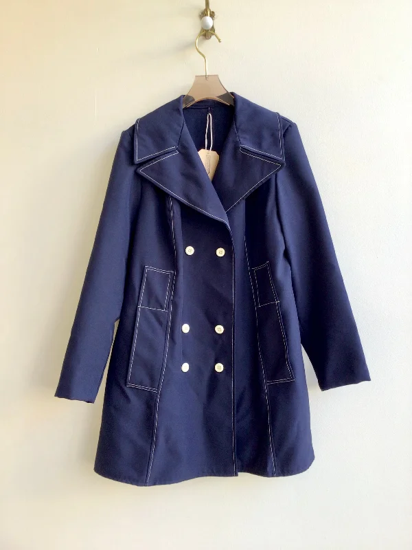 Navy Topstitch Faux Double Breasted Peacoat (Vintage)