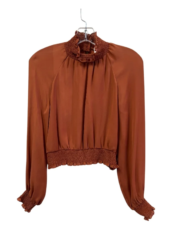 Cinq a Sept Size S Rust Silk High Ruffle Neck Long Sleeve Stretch Top