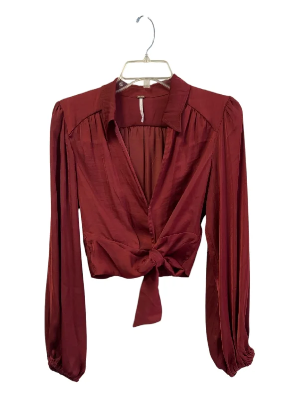 Free People Size XS Burgundy Polyester Long Sleeve Cropped Tie Waist Top