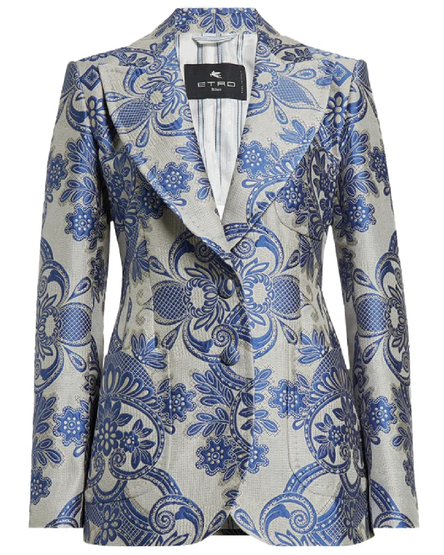 Blue Paisley Jacquard Single Breasted Blazer