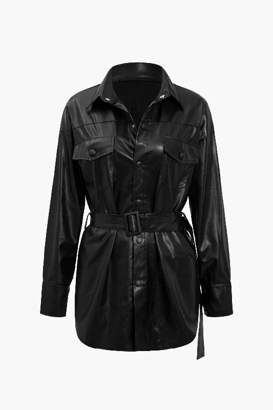 Solid Faux Leather Belted Long-Sleeve Shirt