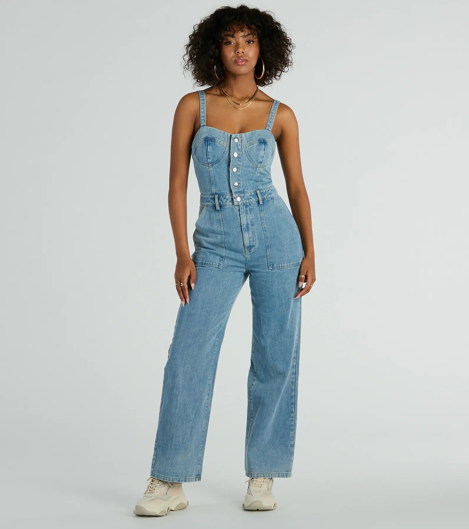 Trendy Perfection Button Up Wide Leg Denim Jumpsuit