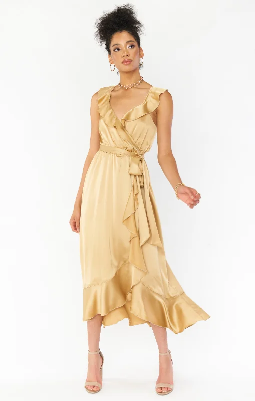 Samantha Ruffle Wrap Dress ~ True Gold Luxe Satin