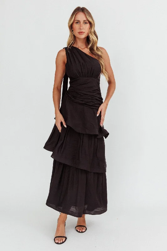 Kenny One Shoulder Tiered Maxi Dress Solid Black