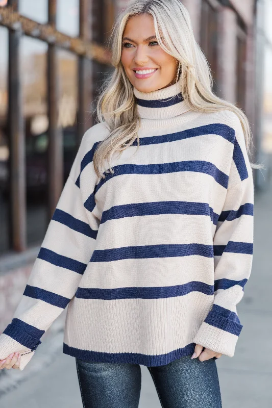 Have Your Fun Natural/Navy Striped Turtleneck Sweater