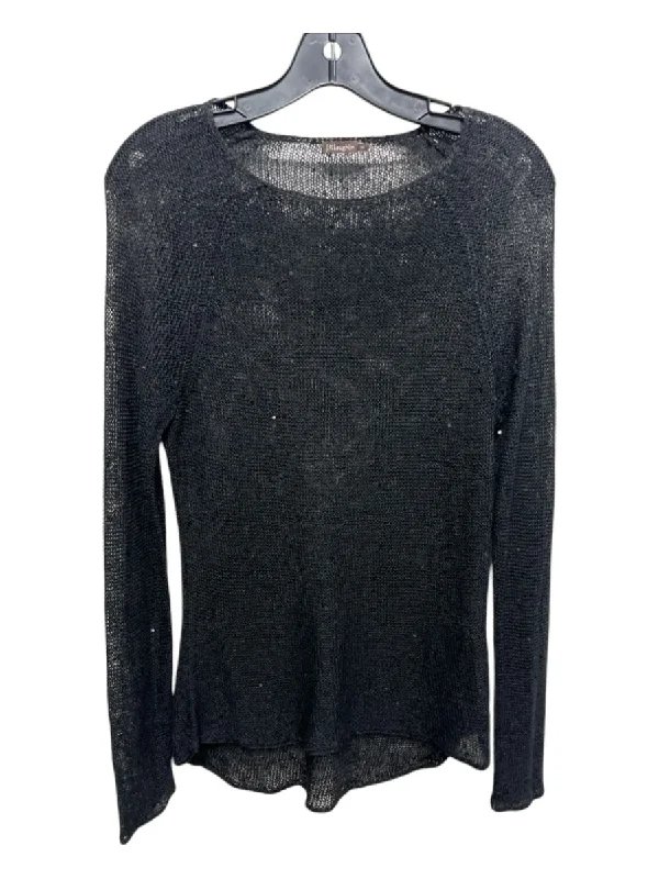 J Mclaughlin Size M Black Linen Open Knit Sequin Long Sleeve Sheer Top