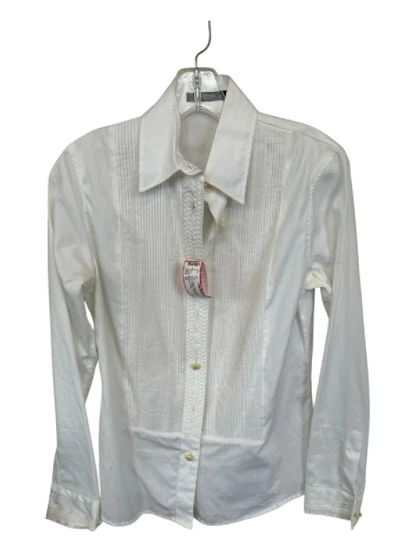 Entro Size 44 White Cotton Pleat Detail Long Sleeve Button Down Top