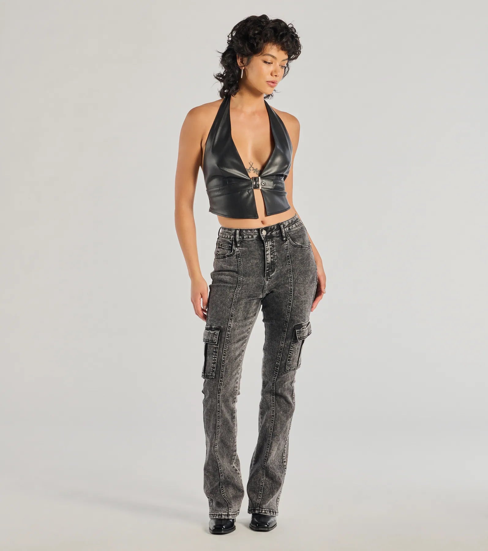 Bold High-Rise Acid Wash Cargo Jeans