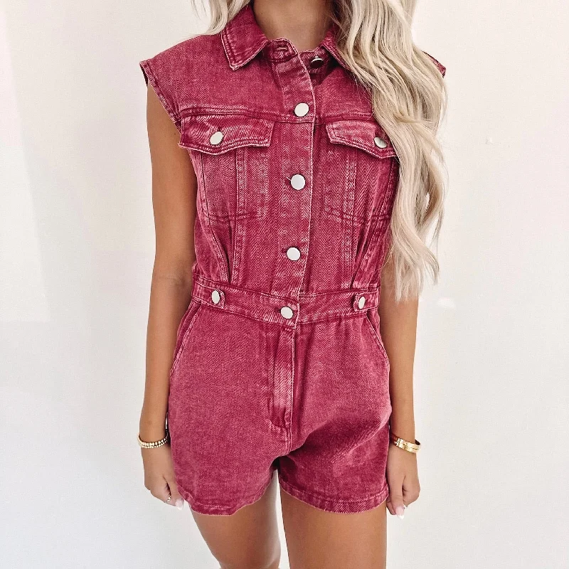 Collins Denim Romper - Burgundy