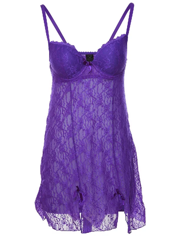 Bright Purple Lace Sheer Slip Dress - S