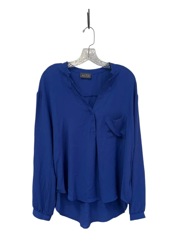 ASTR Size Est L Blue Polyester V Neck Chest Pocket Long Sleeve Flowy Top