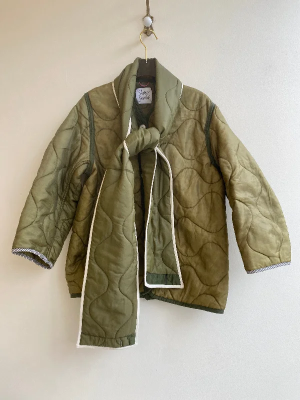 Olive Green Army Liner Quilted Coat w/ Scarf & White Buttons (Reworked)