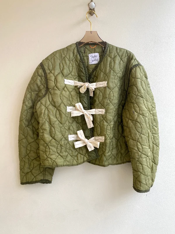 Olive Green Army Liner Quilted Coat w/ Twill Tape Ties (Reworked)