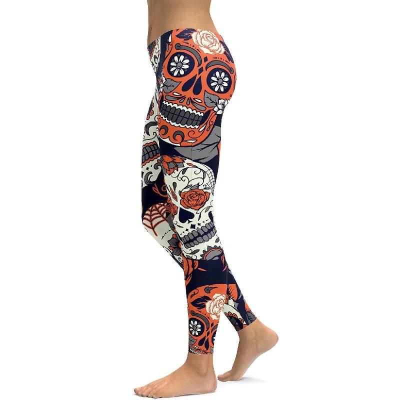 Orange Sugar Skull Leggings