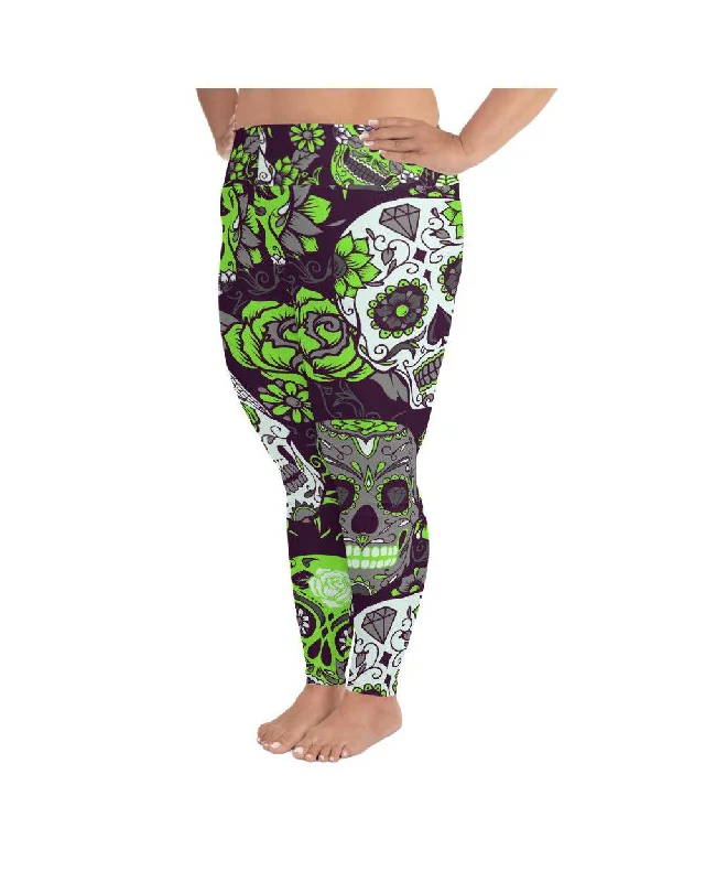 Lime Green Sugar Skull Plus Size Leggings