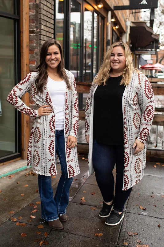 Oatmeal Brown Aztec Lightweight Long Cardigan (SM-2X)