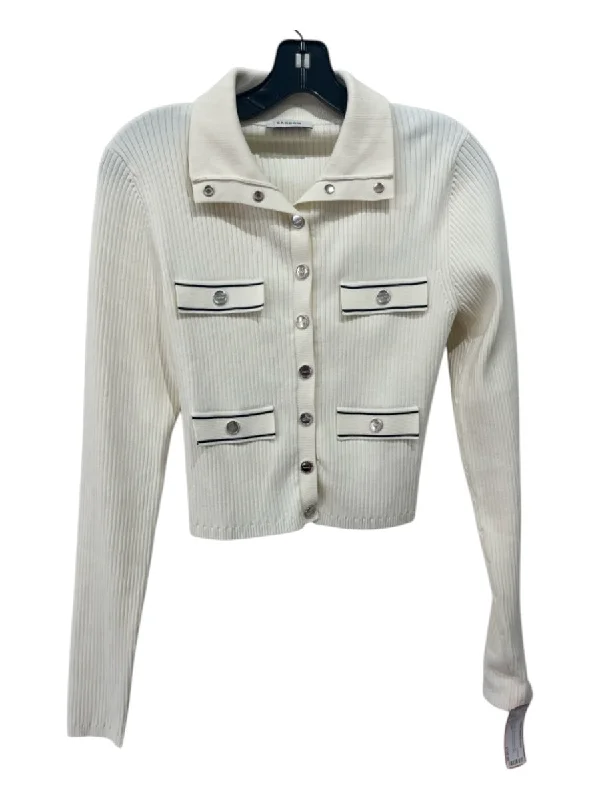 Sandro Size 3 Cream Viscose & Polyamide Ribbed Long Sleeve Buttons Collar Top