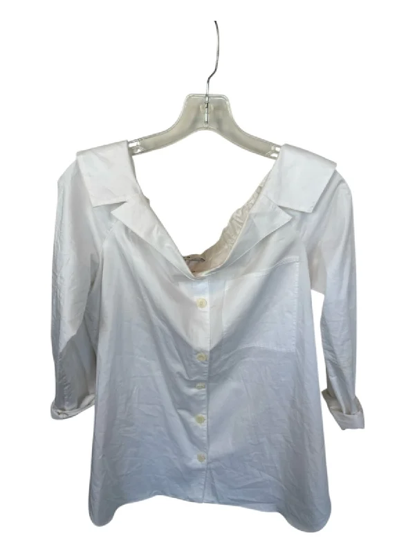 Tibi Size 6 White Cotton Off Shoulder Long Sleeve Button Down Top