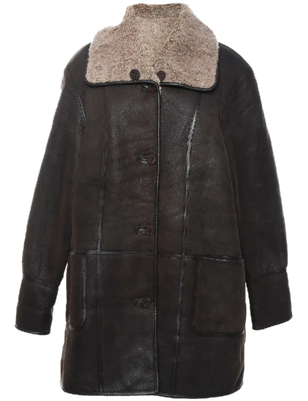 Single Breasted Brown Leather Faux Shearling Lined Jacket - L