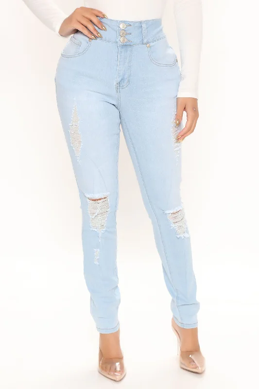 KittenAlarm - On Edge Ripped Skinny Jeans - Light Blue Wash